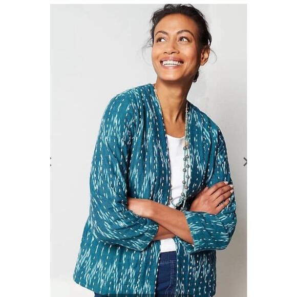 J.Jill Pure Jill Kantha Stitched Ikat Open Quilted Embroidered Jacket Teal M - Picture 10 of 15